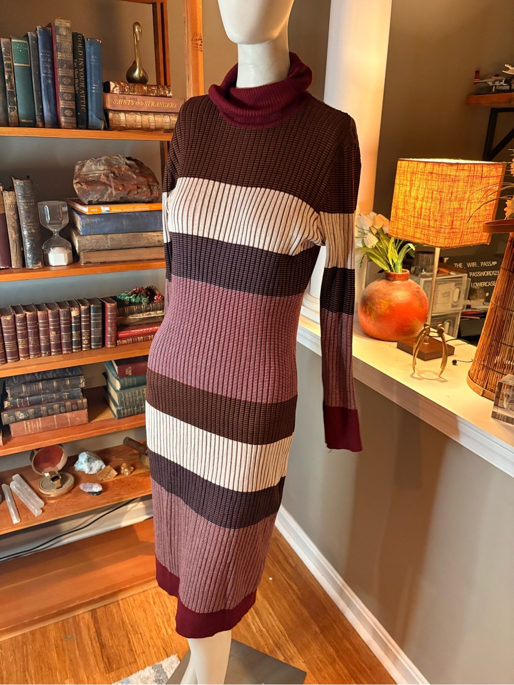 Rib-Knit Striped Turtleneck Sweater Dress - Burgundy/Mauve/Cream